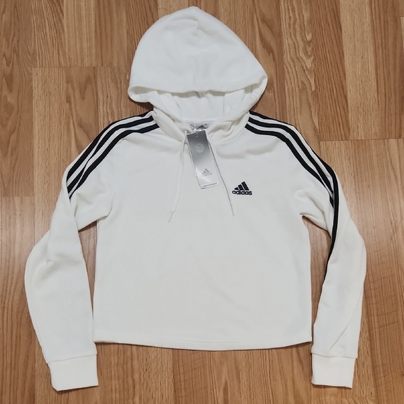 Adidas White Hoodie Essentials 3-Stripes French Terry Crop XS - Picture 3 of 8